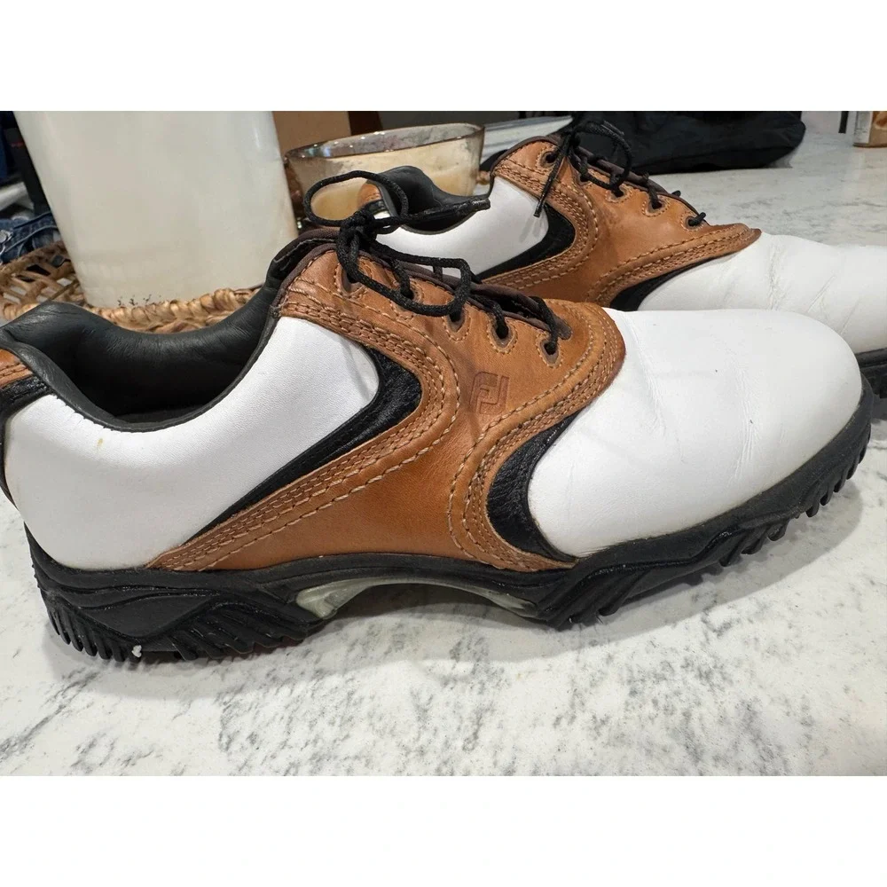 FootJoy Contour Series Mens 9 M Golf Shoes White Brown Leather Spiked 54002